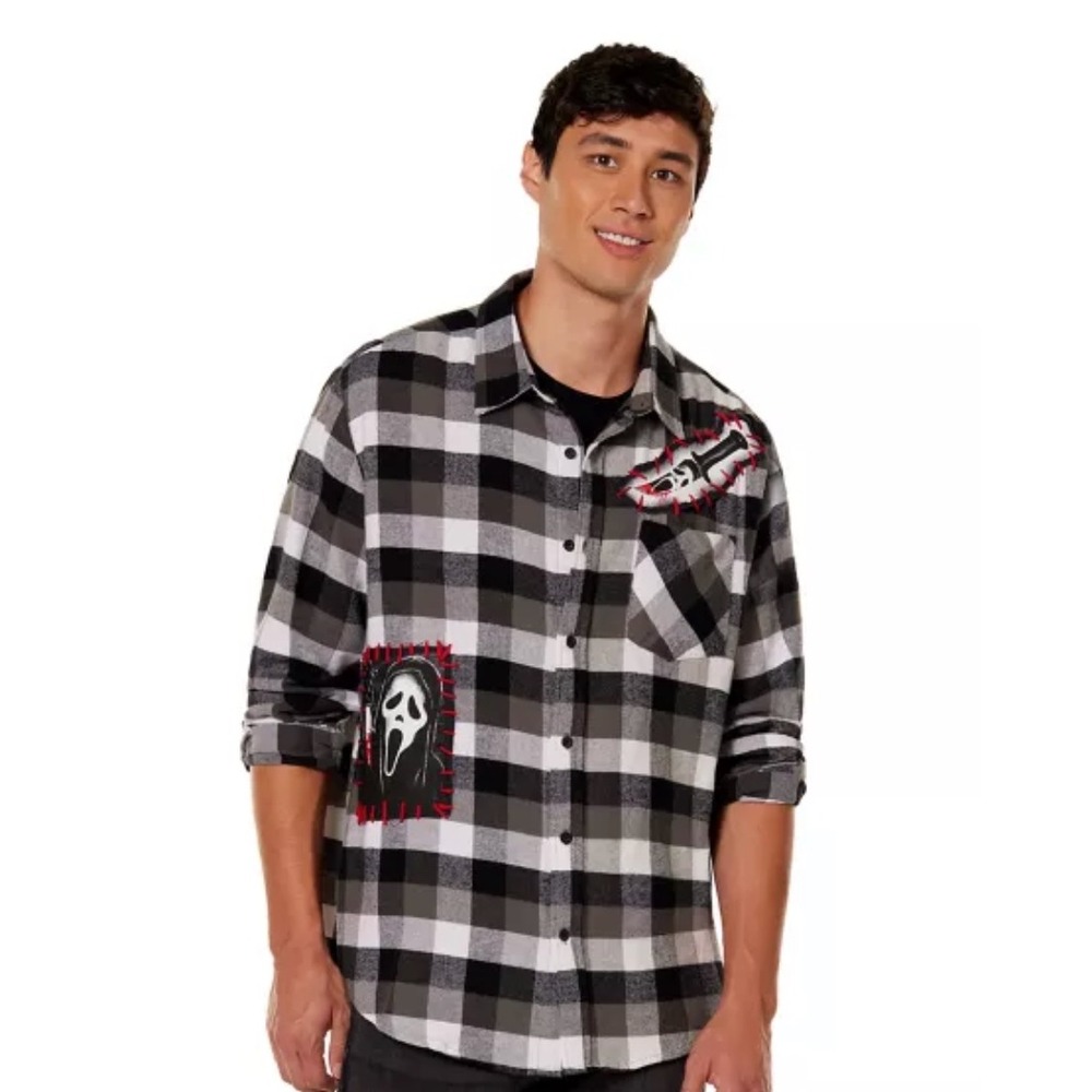 Ghost Face Scream Horror Movie Plaid Flannel Shirt Grey Black Mens Medium NEW